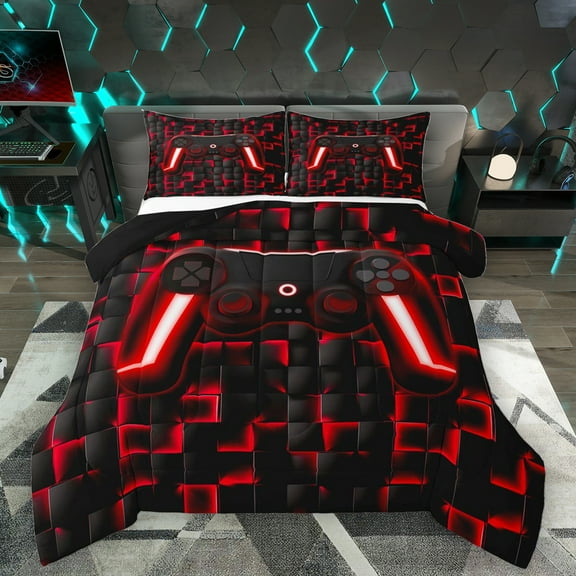 Homewish Red Black Bedding Comforter Set,Game Console Twin Comforter Sets,Gamer Gaming Bedding Set For Boys,Breathable Bedroom Decorative Reversible,2 Pieces