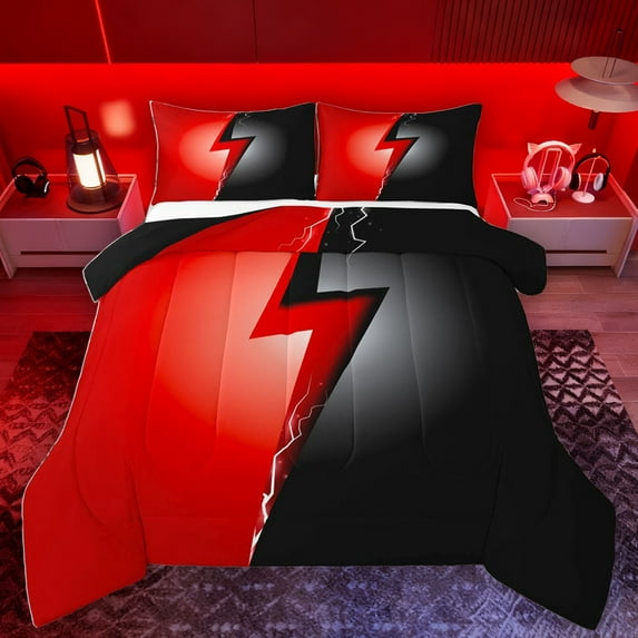 Homewish Red Black Bedding Comforter Set,Neon Lightning Twin Comforter Sets,Modern Abstract Desgin Bedding Set For Girls Boys,Microfiber Bedroom Decor Reversible,2-Piece