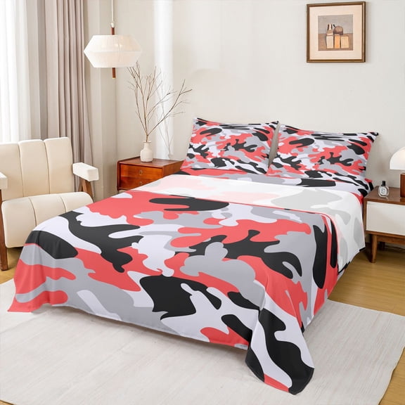 Homewish Red Black Camo Full Size Sheets 4-Piece for Boys Girls,Abstract Camouflage Breathable Bed Sheets,Geometric Theme Lightweight Sheet Sets,Lightweight Room Decor