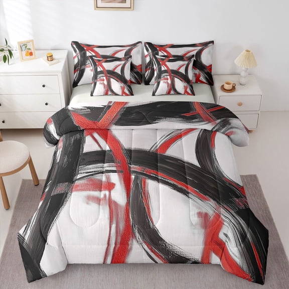 Homewish Red Black Circle 7-Piece Twin Bedding,Modern Abstract Bedding Comforter Set,Light Gray Reversible
