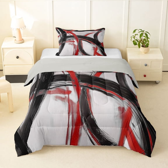 Homewish Red Black Circle Twin Comforter Sets,Modern Abstract Bedding Set,Light Gray Reversible,2 Pieces,1 Comforter and 1 Pillowcase