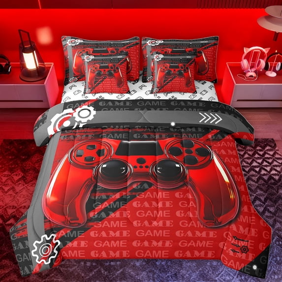 Homewish Red Black Console 7pcs Bedding Comforter Set,Gamer Gaming Queen Bedding Sets,3D Cartoon Gamepad Queen Sheet Sets For Adults,Luxury Bedroom Decor Reversible