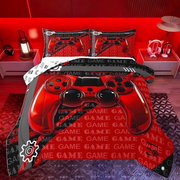 Homewish Red Black Console Full Size Comforter Sets,Gamer Gaming Bedding Comforter Set,3D Cartoon Gamepad Bedding Sets For Adults,Luxury Bedroom Decor Reversible,3-Piece