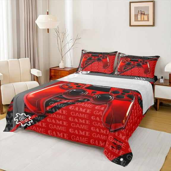 Homewish Red Black Console Twin Sheet Sets,Gamer Gaming Twin Fitted Sheet,3D Cartoon Gamepad Flat Sheet For Adults,Luxury Bedroom Decor,3pcs