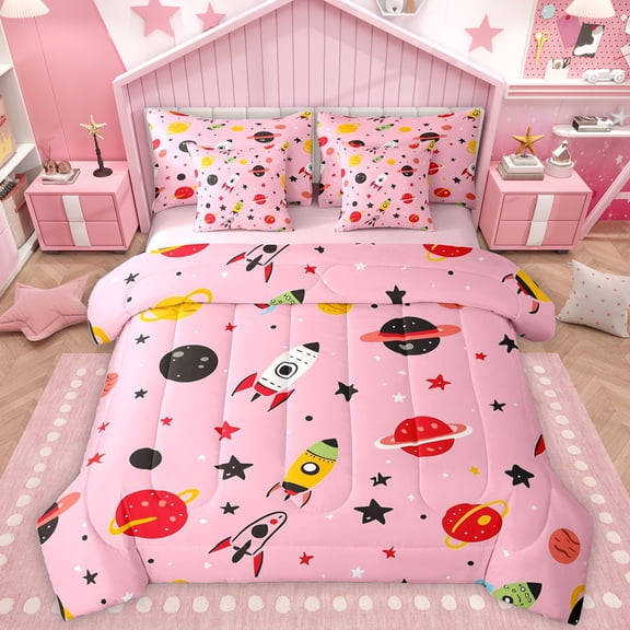 Homewish Red Black Planet 7-Piece Twin Bedding Sets,Cartoon Astronaut Rocket Bedding Comforter Set,Kawaii Stars Print Sheet Sets For Boys Girls,Breathable Home Decor Reversible