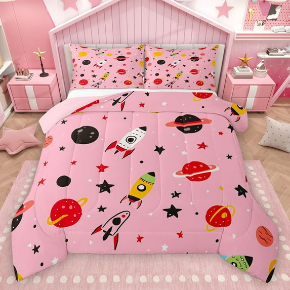 Homewish Red Black Planet Full Size Comforter Sets,Cartoon Astronaut Rocket Bedding Comforter Set,Kawaii Stars Print Bedding Sets For Boys Girls,Breathable Home Decor Reversible,3 Pieces