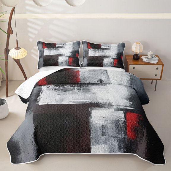 Homewish Red Black Watercolor Bed Spread Queen,Retro Abstract Art Queen Coverlet Set,3pcs