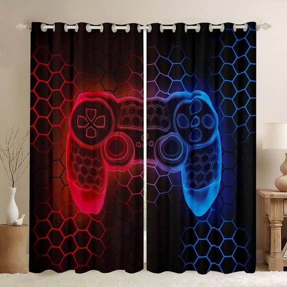 Homewish Red Blue Gamepad Curtains Pack of 2 (42x84 Each) for Boy, Fashion Honeycomb Abstract Curtains Blackout, Modern Video Game Bedroom Curtains, Living Room Curtains Decor