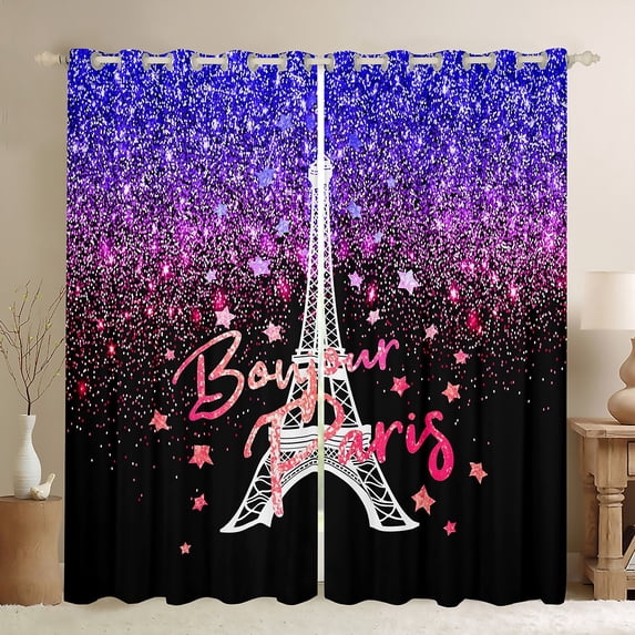 Homewish Red Blue Sequin Print Black Out Curtains for Women, Paris Eiffel Tower Curtains Pack of 2 (42x63 Each), Mystic Bling Stars Bedroom Curtains, Window Curtains Home Decor