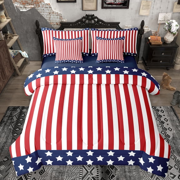Homewish Red Blue Stripes Line Bedding Comforter Set for Kids, Cartoon Stars Print King Bedding Sets, American Flag Reversible Bed Sheets, Microfiber Bedroom Decor