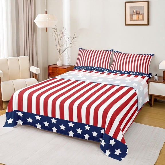 Homewish Red Blue Stripes Line Twin Sheet Sets for Kids, Cartoon Stars Print Twin Fitted Sheet, American Flag Flat Sheet, Microfiber Bedroom Decor, 3 Pieces