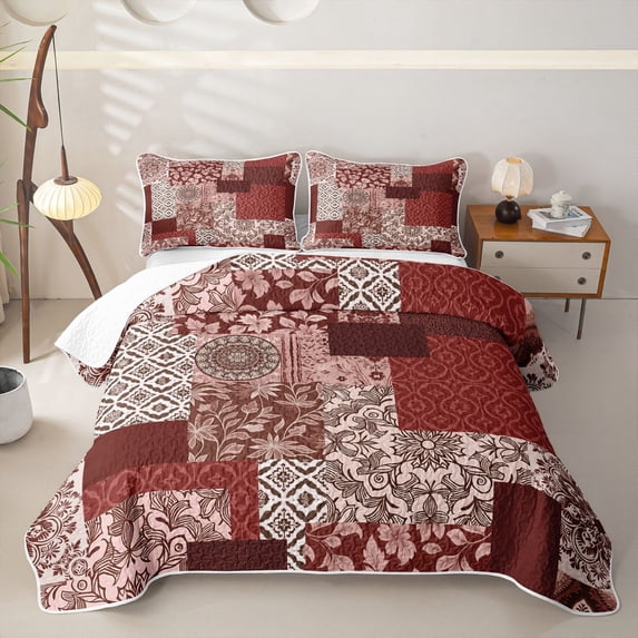 Homewish Red Bohemian Mandala Twin Quilt Set,Patchwork Geometric Twin Coverlet Set,2pcs