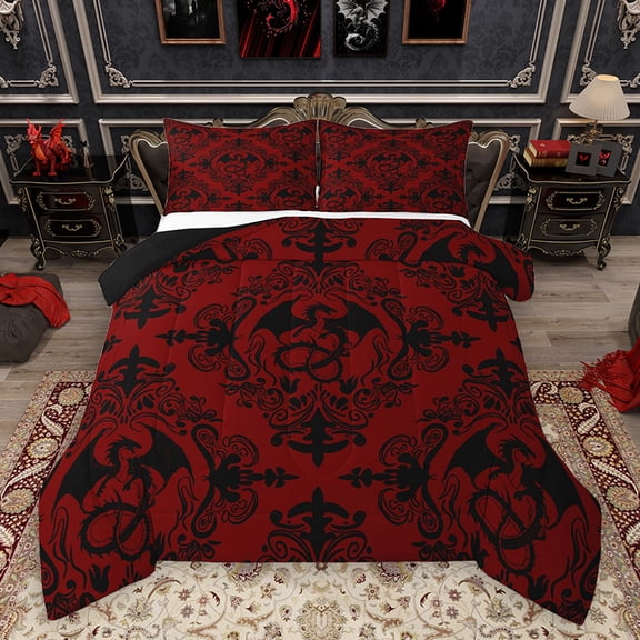 Homewish Red Boho Damask Full Size Comforter Sets for Adult, Tribal Hippie Dragon Bedding Comforter Set, Southwestern Theme Reversible Bedding Sets, Super Cozy Room Decor, 3 Pieces