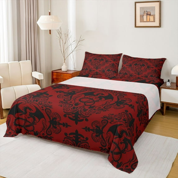 Homewish Red Boho Damask Full Size Sheets for Adult, Tribal Hippie Dragon Bed Sheets, Southwestern Theme Sheet Sets, Super Cozy Room Decor, 4 Pieces