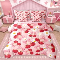 Homewish Red Bowknot Cherry 7-Piece Twin Bedding Sets For Children Teens Girls,Chic Floral Daisy Bedding Comforter Set,Cartoon Polka Dots Breathable Sheet Sets,Luxury Bedroom Decor,Reversible