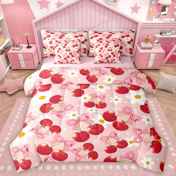 Homewish Red Bowknot Cherry 7-Piece Twin Bedding Sets For Children Teens Girls,Chic Floral Daisy Bedding Comforter Set,Cartoon Polka Dots Breathable Sheet Sets,Luxury Bedroom Decor,Reversible