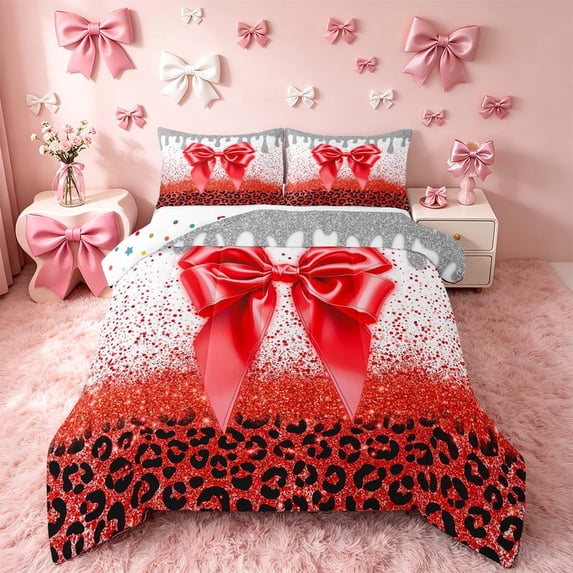 Homewish Red Bowtie Full Size Comforter Sets for Kids Girls, Sequins Cheetah Print Bedding Comforter Set, Polka Dots Reversible, 3 Pieces 1 Comforter and 2 Pillowcases
