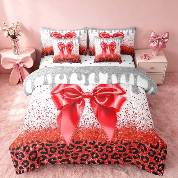 Homewish Red Bowtie King Bedding for Kids Girls, Sequins Cheetah Print King Bed in a Bag, Polka Dots Reversible, 7pcs