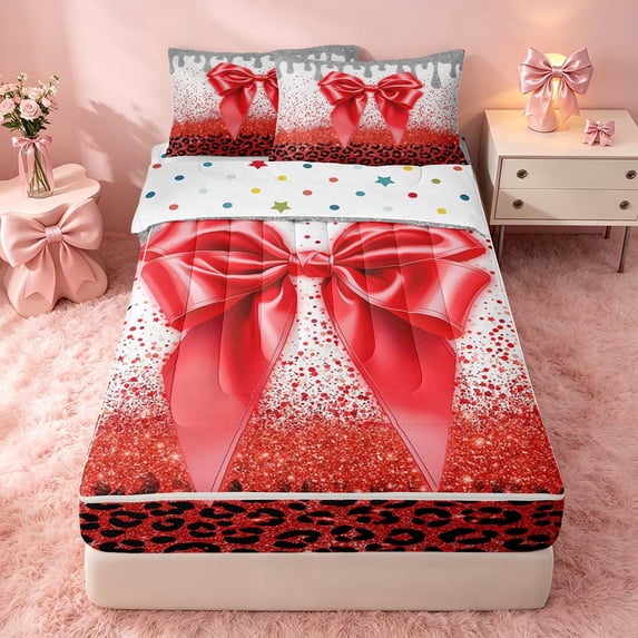 Homewish Red Bowtie Zipper Full Size Comforter Sets with Fitted Sheet and 2 Pillowcases for Kids Girls, Sequins Cheetah Print Zipper Bedding Set