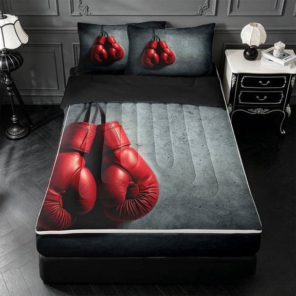 Homewish Red Boxing Gloves Zipper Twin Comforter Sets with Fitted Sheet and 2 Pillowcases,Sport Games Zipper Bedding Set For Boys,Black Reversible,4-Piece