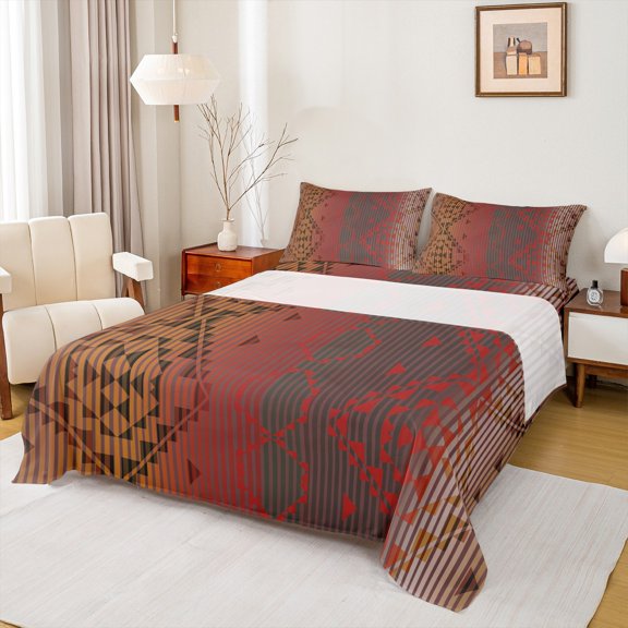 Homewish Red Brown Aztec Bed Sheets for Adult, Hippie Stripes Abstract King Sheets, Southwestern Style Sheet Set, Super Cozy Room Decor, 4pcs