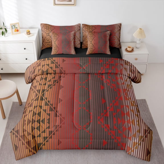 Homewish Red Brown Aztec Bedding Comforter Set 7-Piece for Adult, Hippie Stripes Abstract King Bedding Sets, Southwestern Style Reversible Bed Sheets, Super Cozy Room Decor