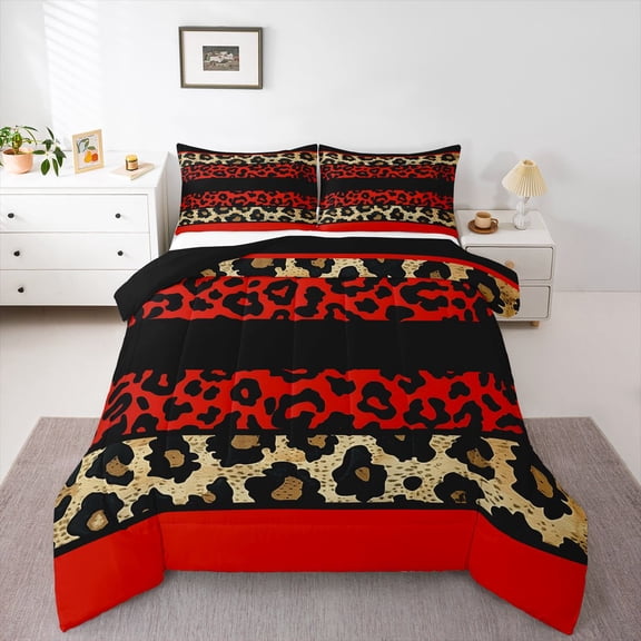 Homewish Red Brown Black Queen Comforter Set,Leopard Print Bedding Sets,Safari Animal Cheetah Bedding Comforter Set For Girl Boy,Microfiber Bedroom Decor Reversible,3 Pieces
