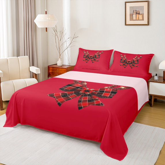 Homewish Red Buffalo Bowknot Twin Sheet Sets for Girl, Glitter Christmas Star Print Twin Fitted Sheet, Princess Style Flat Sheet, Microfiber Bedroom Decor, 3-Piece