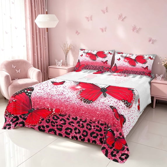 Homewish Red Butterfly Bed Sheets, Bling Cheeetah Print Full Size Sheets for Girls, 4 Pieces (1 Flat Sheet, 1 Fitted Sheet and 2 Pillowcases)