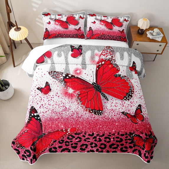 Homewish Red Butterfly Bed Spread Queen, Bling Cheeetah Print Queen Coverlet Set for Girls, 3pcs 1 Quilt and 2 Pillowcases