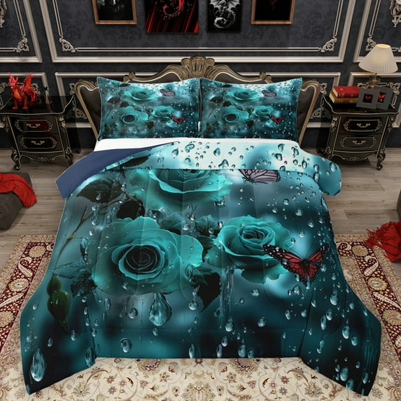 Homewish Red Butterfly Queen Comforter Set,Cyan Rose Flower Bedding Sets,Valentine'S Day Floral Bedding Comforter Set For Adults,Ultra Soft Home Decor Reversible,3 Pieces