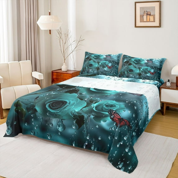 Homewish Red Butterfly Twin Sheet Sets,Cyan Rose Flower Twin Fitted Sheet,Valentine'S Day Floral Flat Sheet For Adults,Ultra Soft Home Decor,3pcs