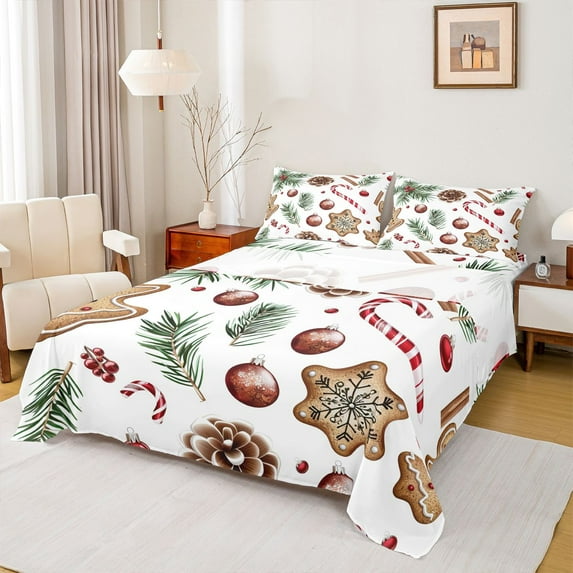 Homewish Red Candy Cane Full Size Sheets,Chic Christmas Ball Bed Sheets,Happy New Year Sheet Sets For Men Women,Ultra Soft Home Decor,4-Piece