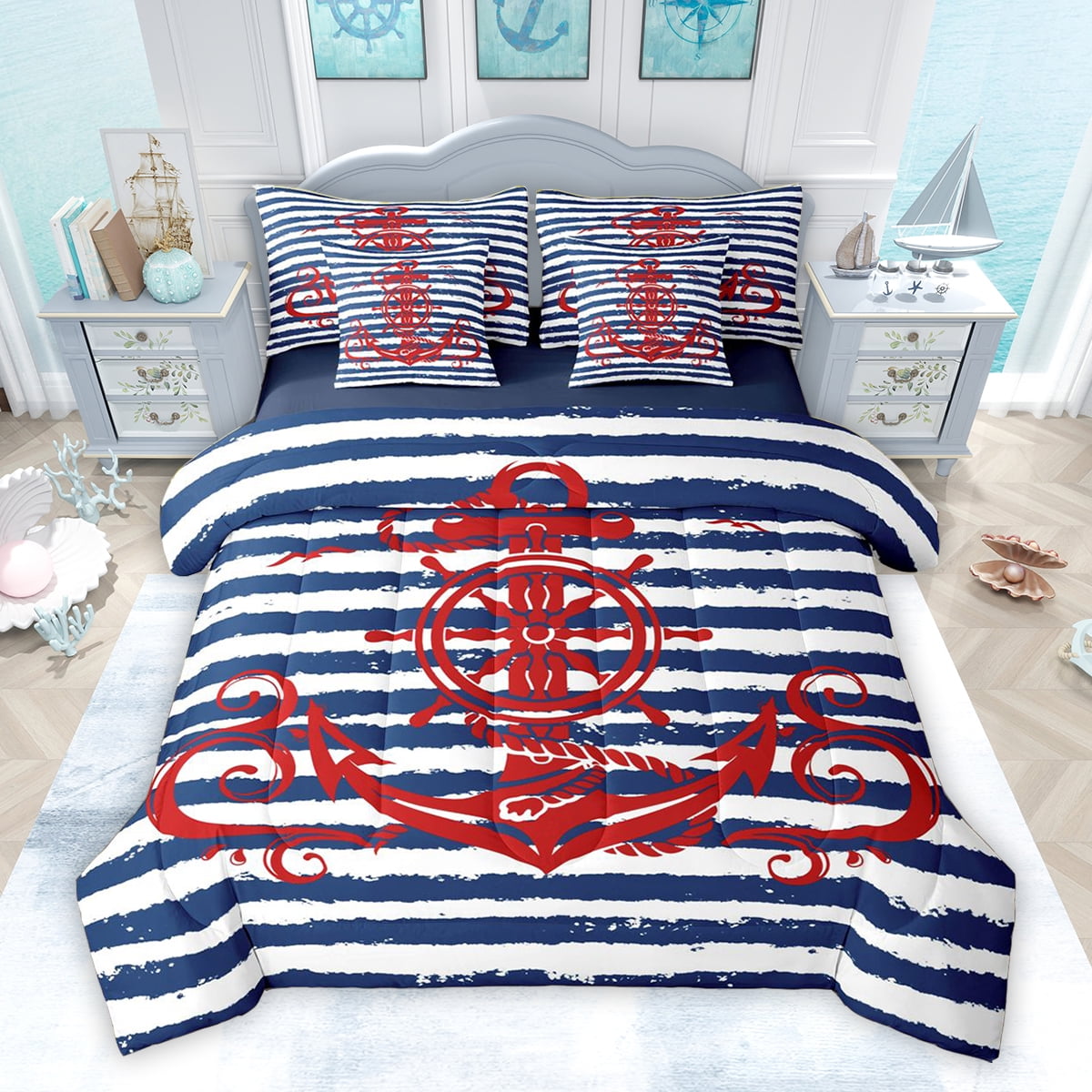 Homewish Red Cartoon Anchor Bedding Comforter Set 7 Pieces for Kids ...