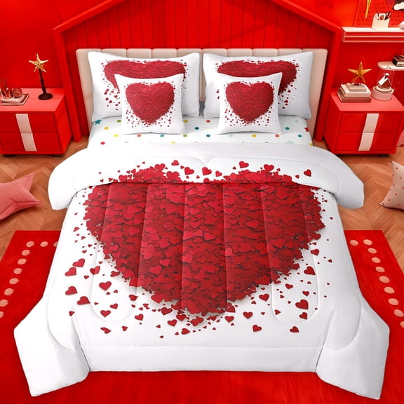 Homewish Red Cartoon Loves 7-Piece Bedding Comforter Set,Happy Valentine'S Day King Bedding Sets,Romantic Theme Bed Sheets For Men Women,Luxury Bedroom Decor Reversible