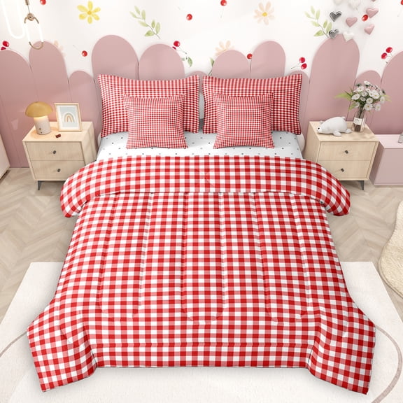 Homewish Red Checkerboard 7 Pieces Bedding Comforter Set,Geometric Plaid Grid Full Bedding Set,Modern Minimalism Artistic Fitted Sheet Flat Sheet For Kids,Breathable Home Decor Reversible
