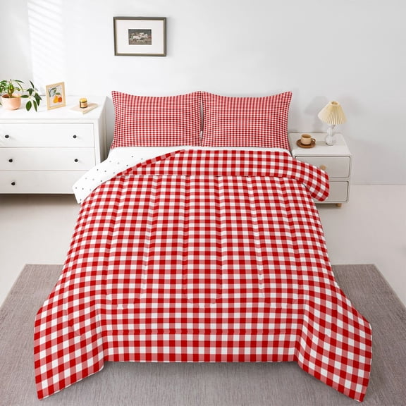 Homewish Red Checkerboard Queen Comforter Set,Geometric Plaid Grid Bedding Sets,Modern Minimalism Artistic Bedding Comforter Set For Kids,Breathable Home Decor Reversible,3 Pieces