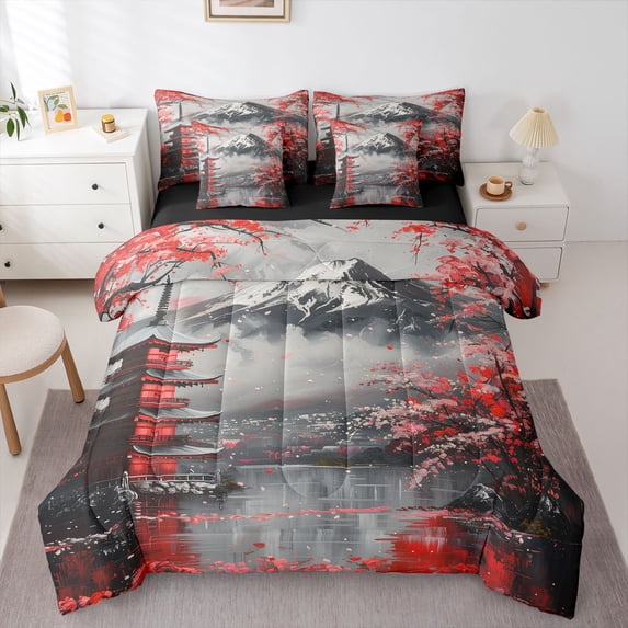 Homewish Red Cherry Blossoms 7 Pieces Full Size Bedding Sets,Japanese Ink Landscape Full Size Bed in a Bag,Black Reversible
