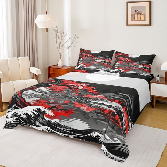 Homewish Red Cherry Blossoms Bed Sheets,Japanese Ukiyo e E Style Full Size Sheets,4pcs,1 Flat Sheet, 1 Fitted Sheet and 2 Pillowcases