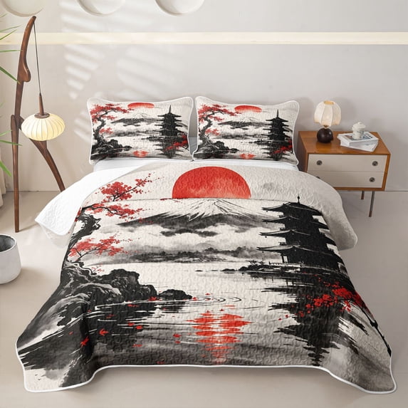 Homewish Red Cherry Blossoms Bed Spread Queen,Sunset Ink Painting Queen Coverlet Set,3-Piece