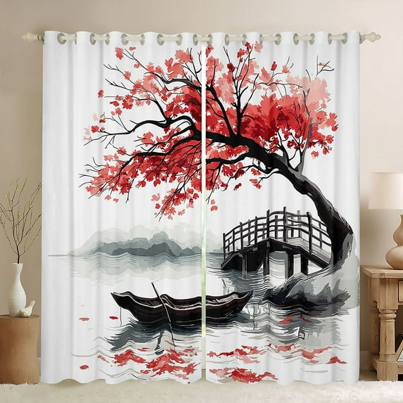 Homewish Red Cherry Blossoms Black Out Curtains for Adult, Tokyo Lake Curtains Pack of 2 (42x63 Each), Vintage Japanese Style Bedroom Curtains, Blackout Curtains Decor