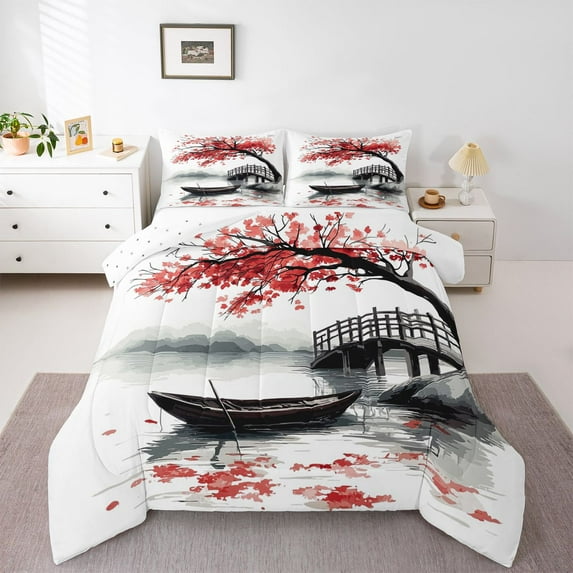 Homewish Red Cherry Blossoms Full Size Comforter Sets for Adult, Tokyo Lake Bedding Comforter Set, Vintage Japanese Style Reversible Bedding Sets, Ultra Soft Bedroom Decor, 3pcs