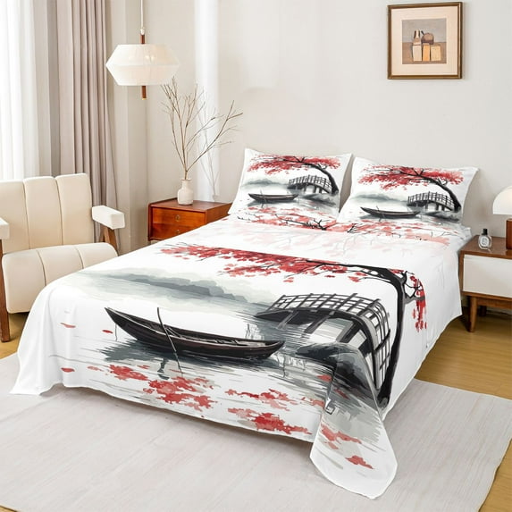 Homewish Red Cherry Blossoms Twin Sheet Sets for Adult, Tokyo Lake Twin Fitted Sheet, Vintage Japanese Style Flat Sheet, Ultra Soft Bedroom Decor, 3pcs