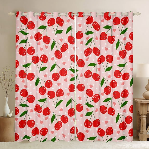 Homewish Red Cherry Curtains Pack of 2 (42x84 Each),Cute Heart Print Curtains Blackout,Geometric Polka Dots Bedroom Curtains For Girl Kids,Breathable Home Decor