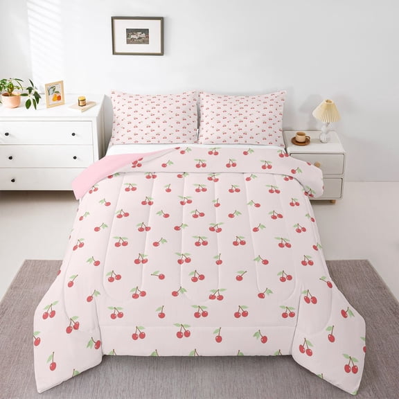 Homewish Red Cherry Girl 2pcs Bedding Comforter Set,Dreamy Princess Twin Comforter Sets,Kawaii Fruit Breathable Bedding Set,Ultra Soft Home Decor,Reversible
