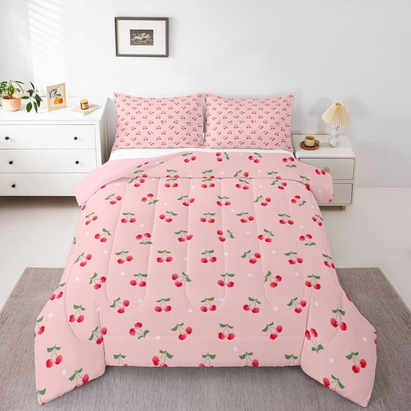 Homewish Red Cherry Girl 3 Pieces Queen Comforter Set,Dreamy Princess Ultra Soft Bedding Sets,Kawaii Polka Dots Bedding Comforter Set,Ultra Soft Home Decor,Reversible