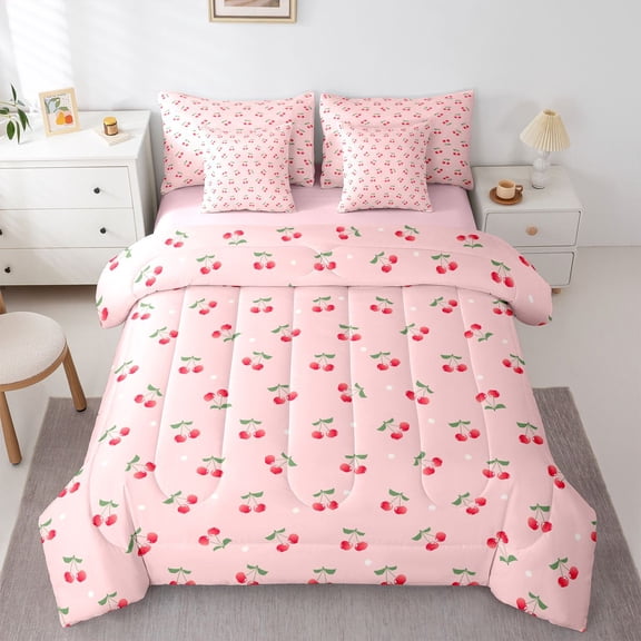 Homewish Red Cherry Girl 7-Piece Bedding Comforter Set,Dreamy Princess King Bedding Sets,Kawaii Polka Dots Ultra Soft Bed Sheets,Ultra Soft Home Decor,Reversible