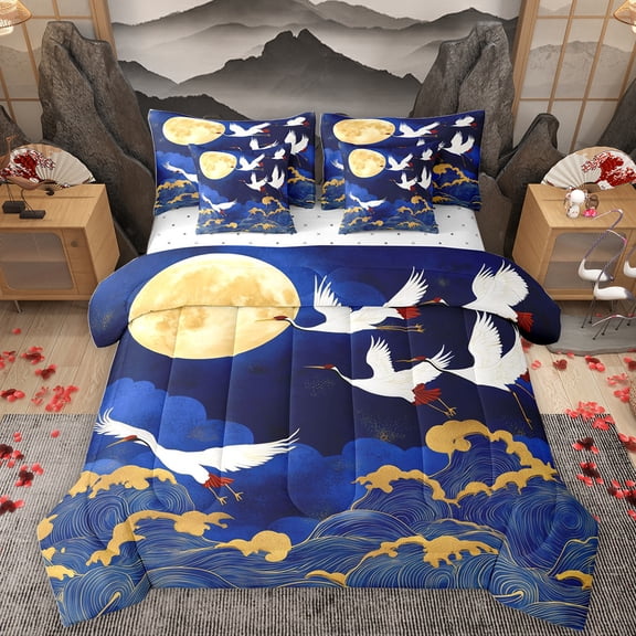 Homewish Red-Crowned Crane 7-Piece Bedding Comforter Set,Exotic Style King Bedding Sets,Japanese Ukiyoe Bed Sheets For Men Women,Super Cozy Room Decor Reversible