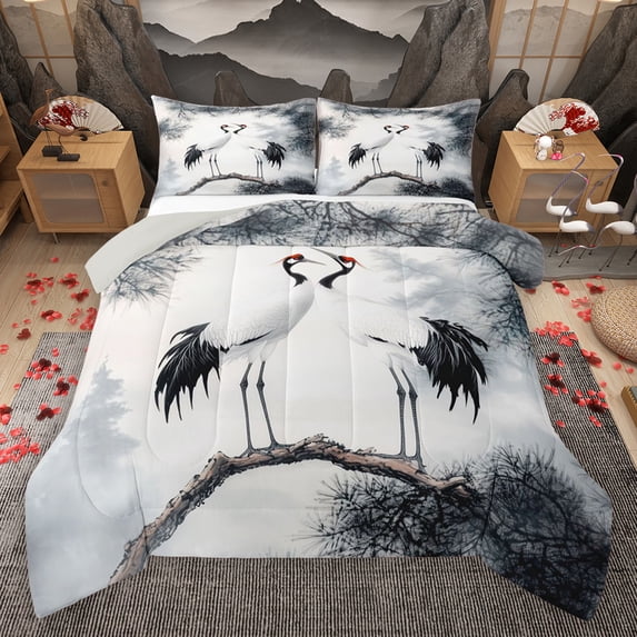 Homewish Red-Crowned Crane Full Size Comforter Sets,Ink Painting Bedding Comforter Set,White Gray Bedding Sets For Girls Kids,Luxury Bedroom Decor Reversible,3 Pieces