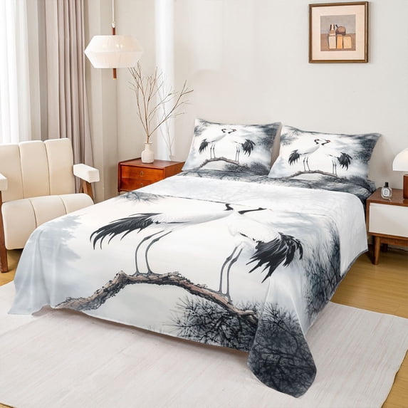 Homewish Red-Crowned Crane Twin Sheet Sets,Ink Painting Twin Fitted Sheet,White Gray Flat Sheet For Girls Kids,Luxury Bedroom Decor,3-Piece